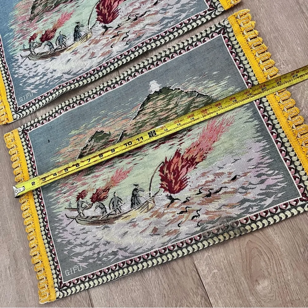Vintage 2 Japanese Woven Silk Tapestry Wall Hanging Table Cloth Placemats - Mint